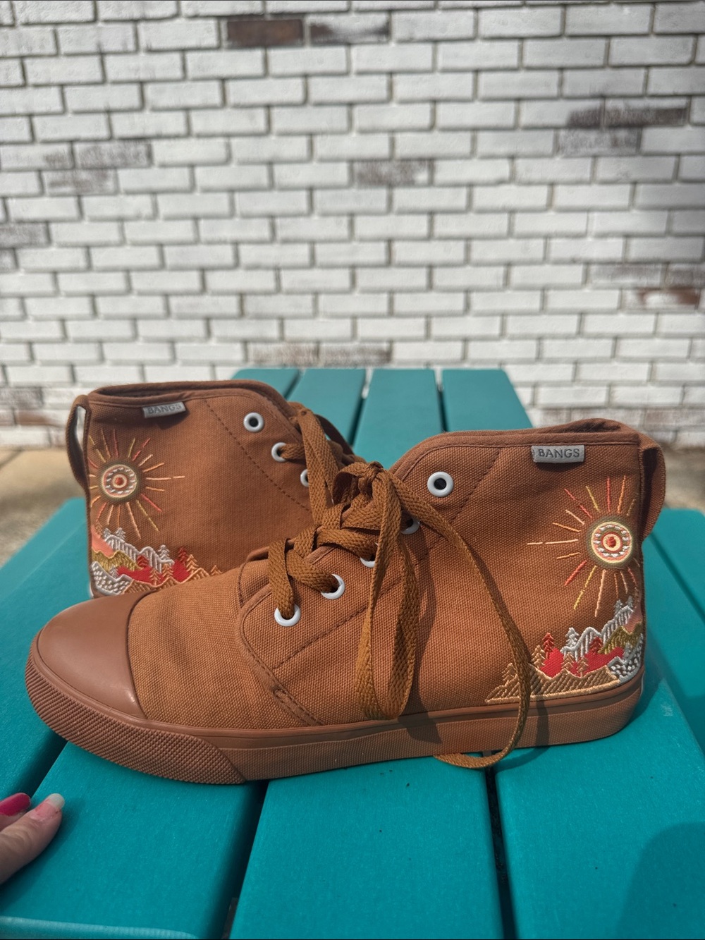 BANGS Brown High-Top Canvas Sneakers with Sun & Mountain Embroidery